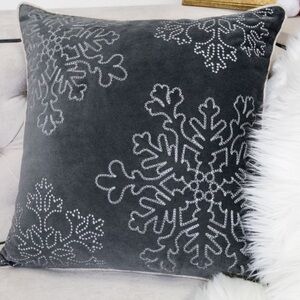 HOMEY COZY SNOWFLAKE GREY EMBROIDERED VELVET THROW PILLOW COVERS (2) ZIP UP